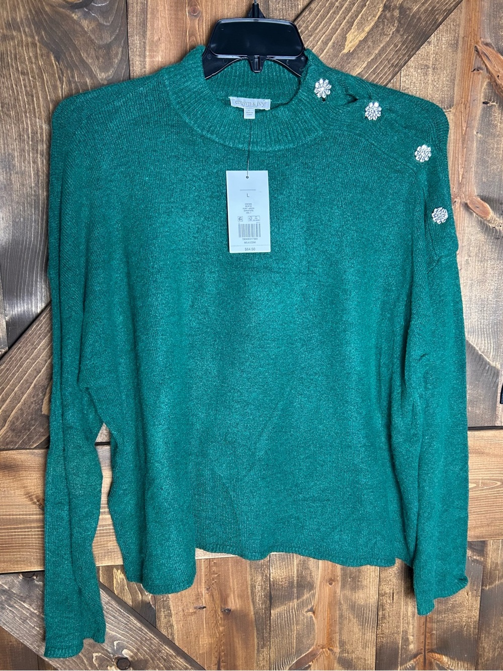 crown & ivy Emerald Green Turtleneck Sweater with Jeweled Shoulder Buttons